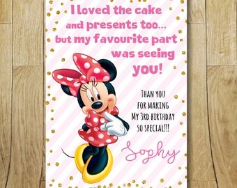 Printable Minnie Mouse birthday party thank you card, note