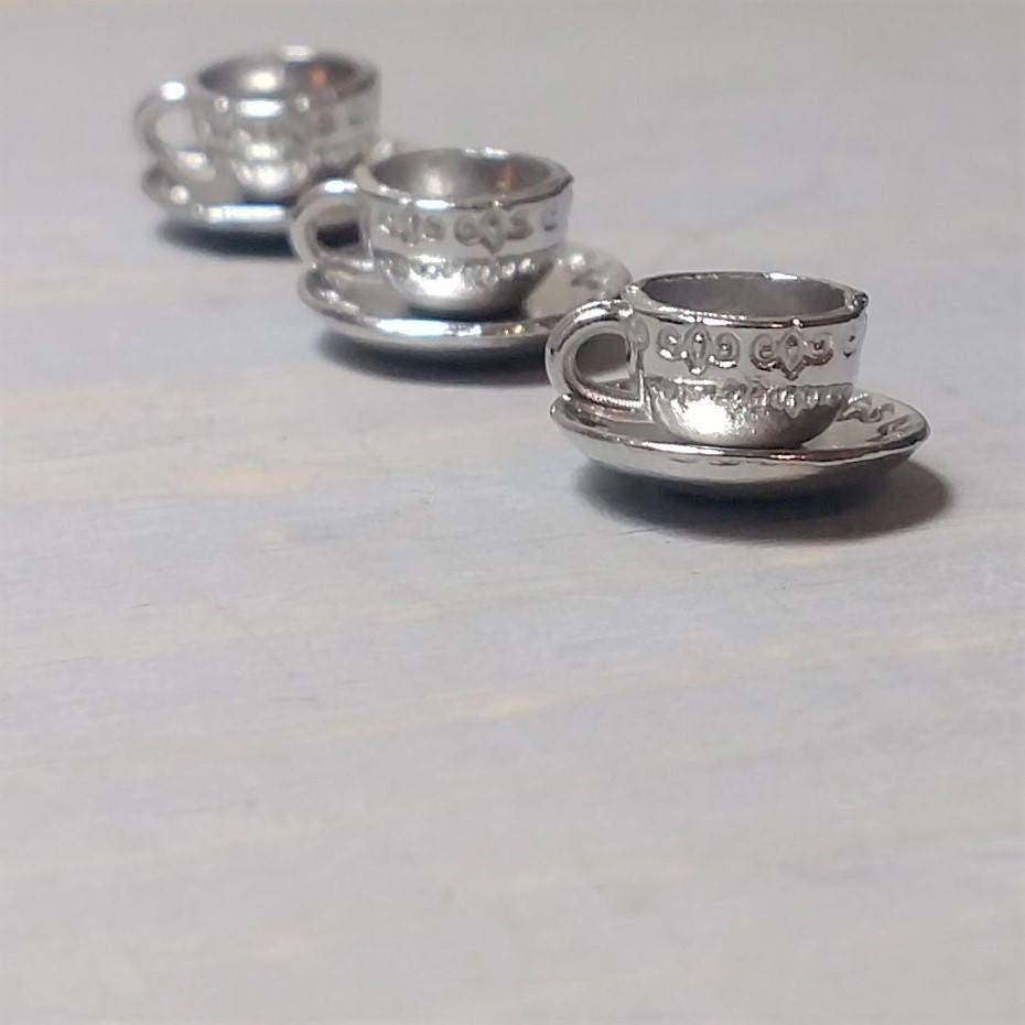 2 Cup and Saucer Charms Silver Cup Charm Tea Charm