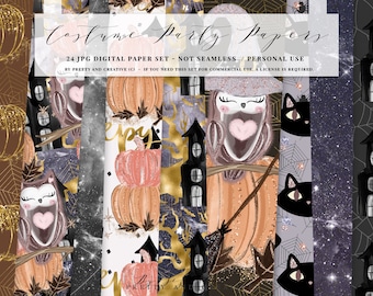 Halloween Digital Paper, Fall Digital Paper Set, Fashion Paper Set, Glitter Paper Set, Witch, Cat, Pumpkin, Spider, Gold, Glitter, Galaxy