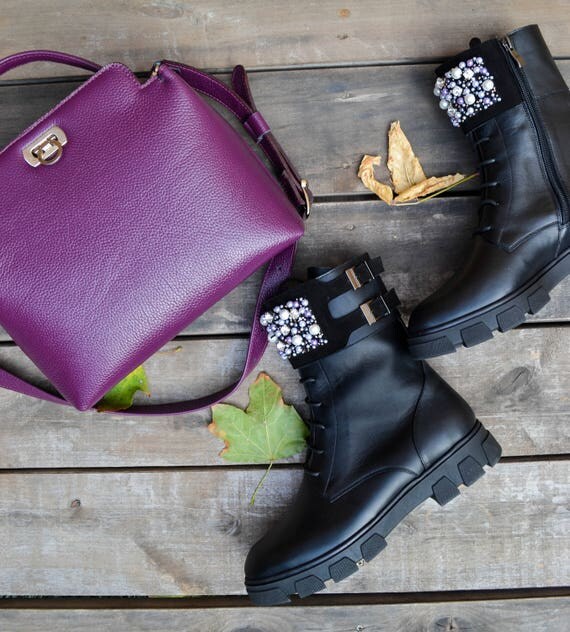 Patch Boots Women's Fall Genuine Leather LaceUp Fashion