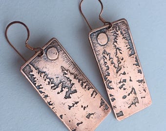 Copper Etched Noble Firs Under the Moon Earrings