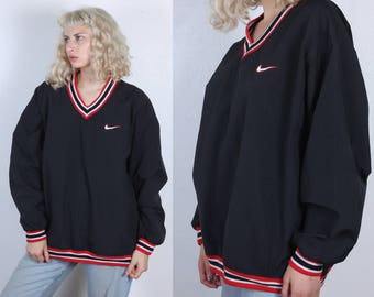 90s Nike Windbreaker Sweatshirt // Vintage Jumper V Neck Pullover Jacket Oversized Black - Extra Large xl