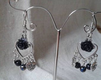 Black beads and Flower Earrings