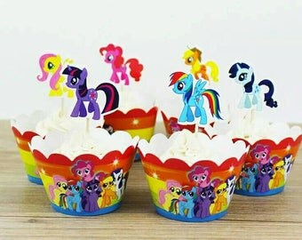 24 pieces of My Little Pony Theme Cupcake or Muffin Toppers and Wrappers. Party favor toppers and wrappers. Colorful wrappers.