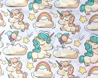 unicorn fabric, horse fabric, little horses fabric, pony fabric, balloons fabric, pink fabric, children fabric, rainbow fabric, cloud fabric