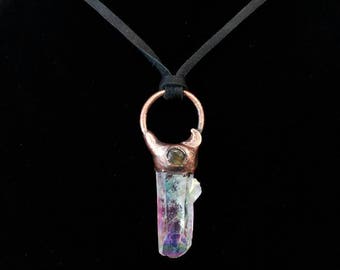 Angel Aura Necklace, Angel Aura Pendant, Electroformed, Aura Coated, Quartz Crystal, Crescent Moon