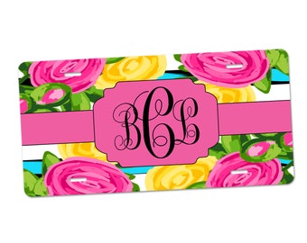 Personalized Car Tag-Monogram Car Coasters-Car Accessories-Keychain Set-Monogram Keychain Set-Monogram Tag-Floral License Plate-Flower Tag