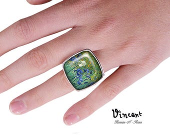 Bague carrée Vincent Van Gogh Les iris cabochon métal argenté verre