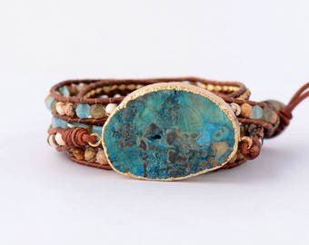 Stone and Leather Wrap Bracelet
