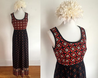 Vintage 1960s Geometric Printed Empire Waist Maxi Dress - Parkshire Original - Size M