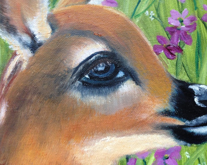 11x14x3 Bambi Oil Painting Gallery Wrapped Unframed, Deer Painting with Butterfly and Flowers, Wildlife Oil Painting, Animal Oil Painting
