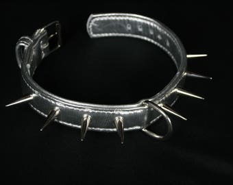 Dog collar in soft silver Big studs! large pointed nails nickeled