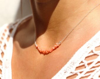 Orange red natural coral necklace, chain, 925 sterling silver