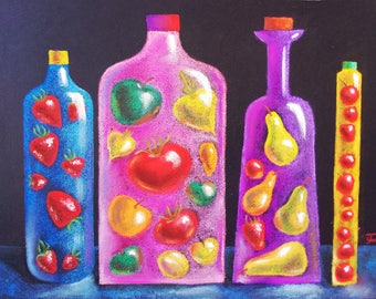 Canned fruits drawing Pears Strawberry Appels Cherry Original pastel Fruit Still Pastel drawing Kitchen Food Art Fresh Produce