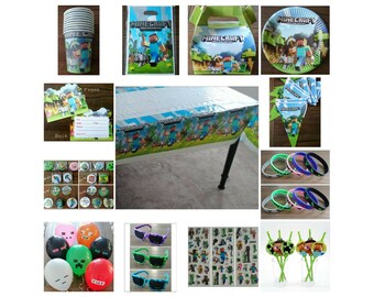 Minecraft Birthday Party Supplies Cups Plates Tablecover Invitations Pins Balloons Glasses Stickers Straws Banner Bracelets Favors Bags