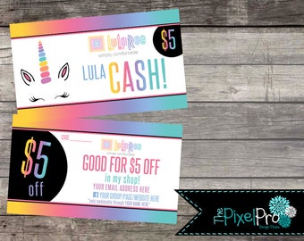 LulaRoe Lula Cash business cards with unicorn, LulaRoe LulaCash promo cards with 2 5 10 25 and 50 dollars, LulaRoe Lula Cash marketing card