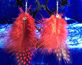 Elegant earrings red feathers rhinestone silver 12 cm