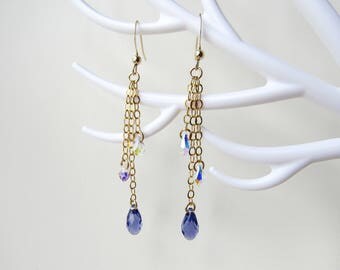 Long earrings Swarovski Crystal Tanzanite plated or Gold Filled