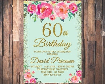 60th Birthday Invitation for Women Mint Gold Glitter Pink Peonies Floral Birthday Invitation Any Age 21st 30th 40th 50th 70th 80th 90th 1087