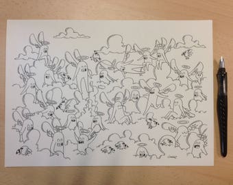 Black and white original drawing on ivory paper.
