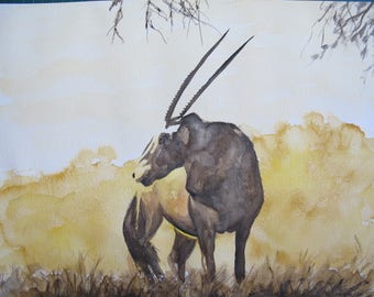 Watercolor of a gemsbok in shades of Brown and Tan