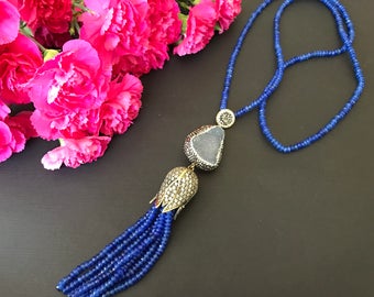 Chalcedony gem and crystal boho druzy swarovski crystal fringe necklace royal blue