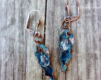 FREE SHIPPING Earrings Copper earrings jewerly leaf drop Long earrings blue beads