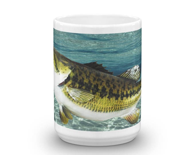 Big Bass Fishing, Fishing Theme Mug, Large Mouth Bass Coffee Cup, underwater Fishing Point of View, 5 lbs. bass, Catching Fish With Lures