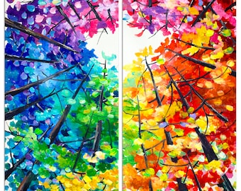 Original Landscape painting Forest skyline Art multi colors on gallery wrap canvas Ready to hang by tim Lam 48x48