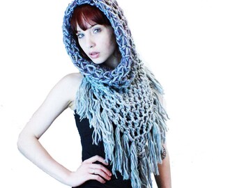 The Fringe Cowl neck scarf wool hood shawl sage green mint to purple