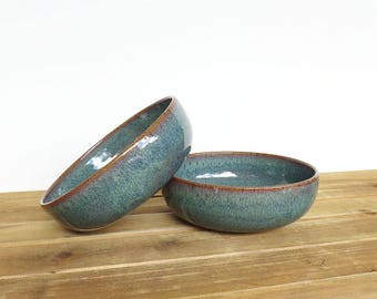Rustic Pottery Soup Bowls in Sea Mist Glaze, Stoneware Ceramic Bowls, Set of 2