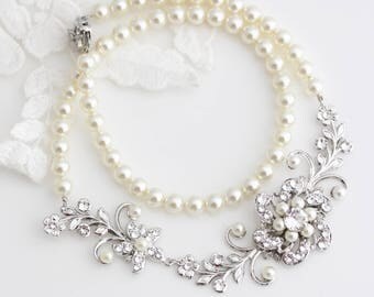 Bridal Pearl Necklace Wedding Necklace Vintage Bridal Necklace Rhinestone Flower Wedding Jewelry White Ivory Pearl SABINE GARDEN