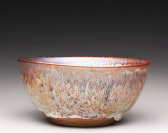 handmade pottery bowl, ceramic serving bowl, noodle bowl with carbon trap shino and white glazes