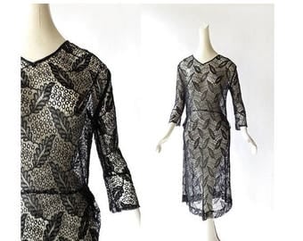 20% off sale Vintage 1920s Dress | Raven's Wing | Black Lace Dress | 20s Dress | XS
