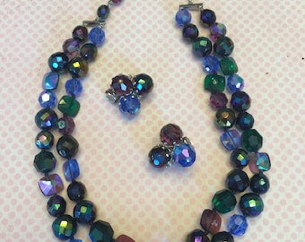 Vintage Signed Vogue Double Strand Necklace and matching clip earrings