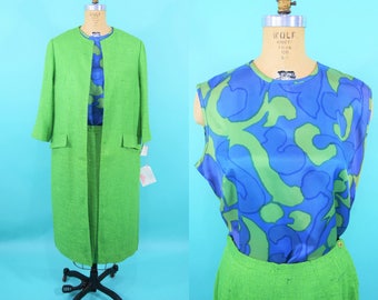 1970s suit set | Wes-tal blue green printed shell top 3 piece suit | vintage 70s suit | W 28"