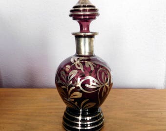Vintage Amethyst Glass Decanter w/ Sterling Silver Overlay - Purple Glass Bottle, Ground Glass Stopper - Bohemian Style Glass - Hand Blown