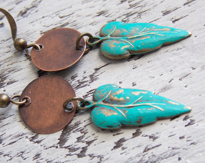 Verdigris Leaf Earrings Brass Patina Earrings Green Blue Drop Rustic Copper Metal Disk Dangle Bohemian Boho Woodland Jewelry Gift Earrings