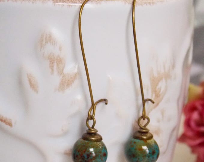 Green Ceramic Earrings Ceramic Robins Egg Brass Rustic Boho Earrings Bohemian Earrings Dangle Drop Woodland Jewelry