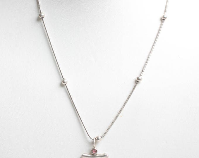 Sterling Modernist Simulated Moonstone Garnet Pendant Necklace Satellite Chain