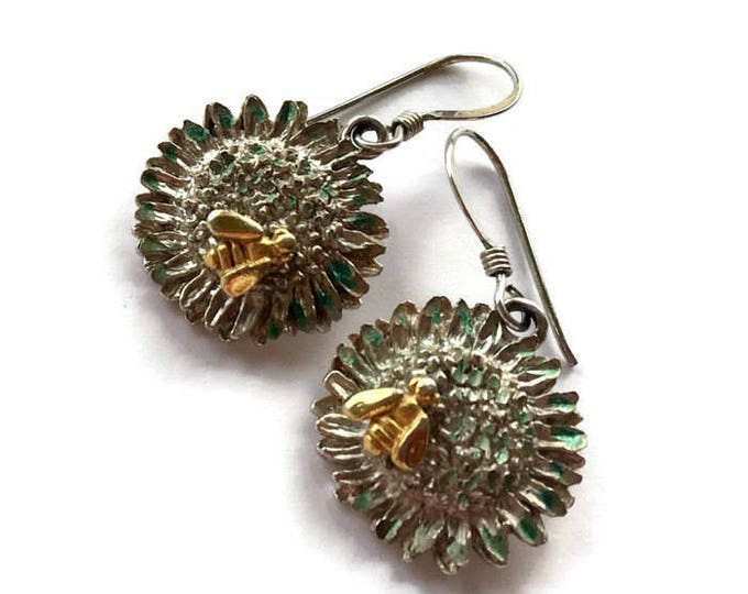 Sterling Sunflower Dangle Earrings Gold Tone Bee Green Enamel Vintage