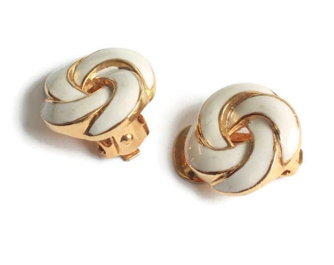 Ivory Off White Enameled Earrings Swirls Pinwheels Clip Back Vintage