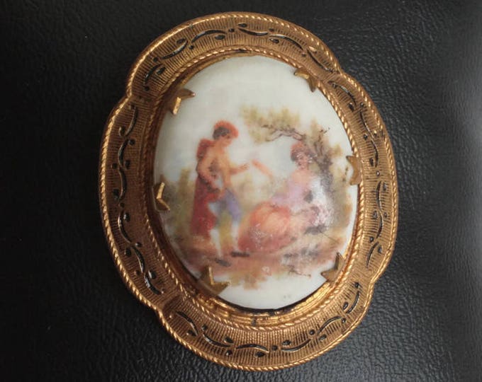 Romantic Courting Couple Porcelain Brooch Cameo Lovers Enameled Frame Vintage