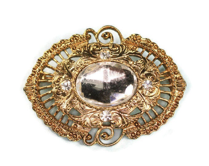 Victorian Revival Filigree Brooch Clear Cabochon Center 1928 Jewelry Company Vintage