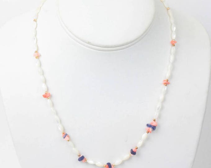 Mother of Pearl Rice Bead Necklace Coral Lapis Bead Accents Vintage