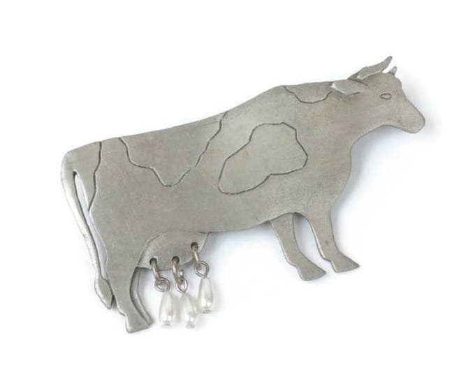 JJ Cow Brooch Pewter Tone Glass Pearl Dangles Book Piece Vintage