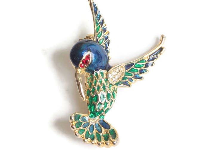 Enameled Rhinestone Hummingbird Brooch Pin Signed Vintage