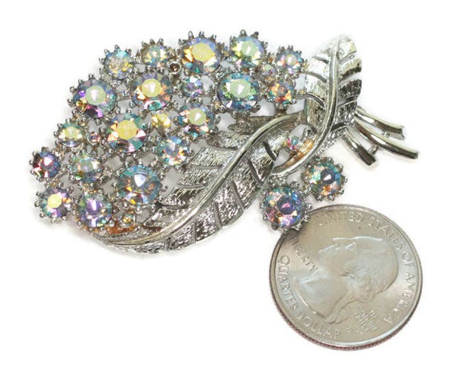 AB Rhinestone Brooch Leaf Design Signed CORO Vintage