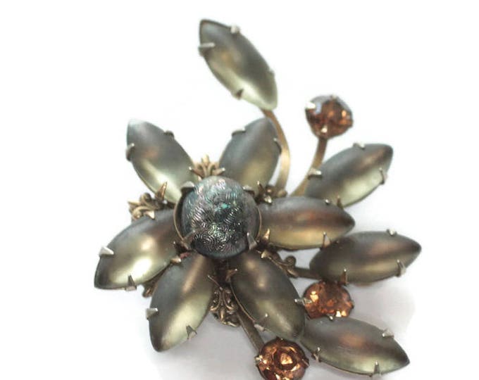 Frosted Gray Marquise Brooch Molded Glass Orange Rhinestones Swirled Design 1950s Vintage