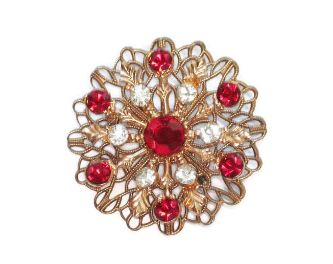 Red and Clear Rhinestone Filigree Brooch Gold Tone Atomic Style Vintage